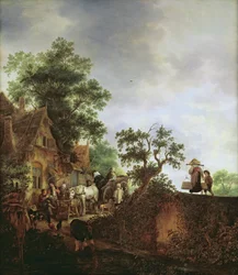 Reisende bei einem Gasthaus